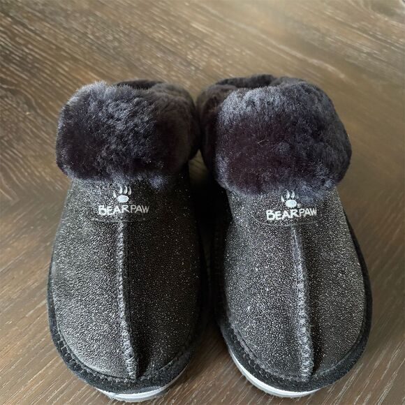 Bearpaw NWOT Loki Caviar Black Sparkle  Slip-On Slippers Faux Fur Lined W Sz 8 - Picture 1 of 7